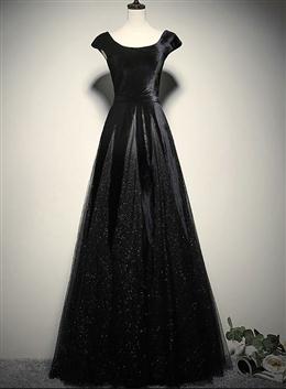 Picture of Elegant Black Color Velvet Cap Sleeves Evening Dresses, Black Color Prom Dresses